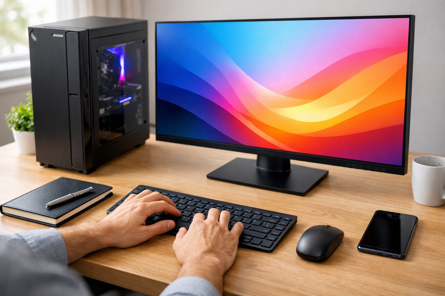 A person typing on a keyboard at a new desktop PC setup on a clean desk with a monitor, keyboard, mouse, and smartphone.