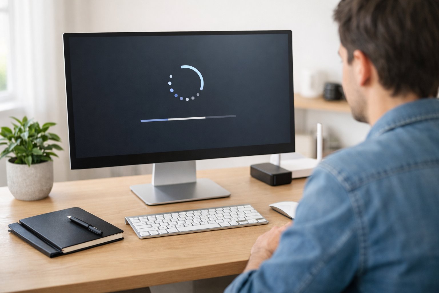 Person installing Windows updates on a new desktop computer in a bright, tidy home office.