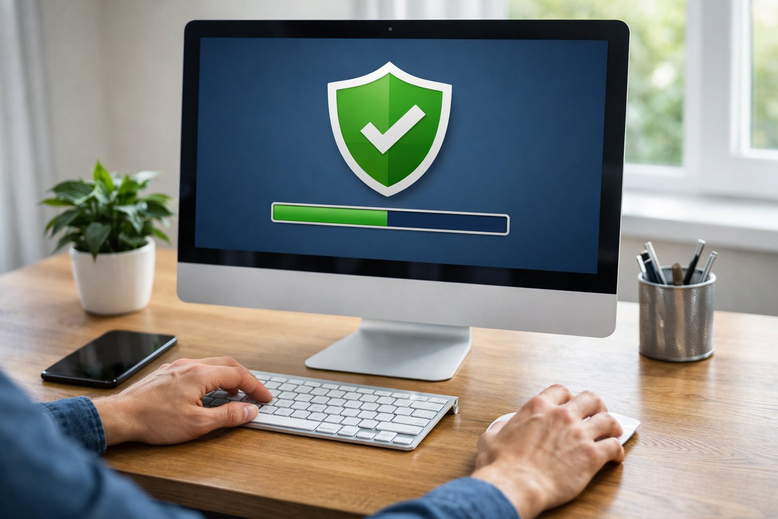 A person setting up antivirus software on a new desktop computer in a bright home office.