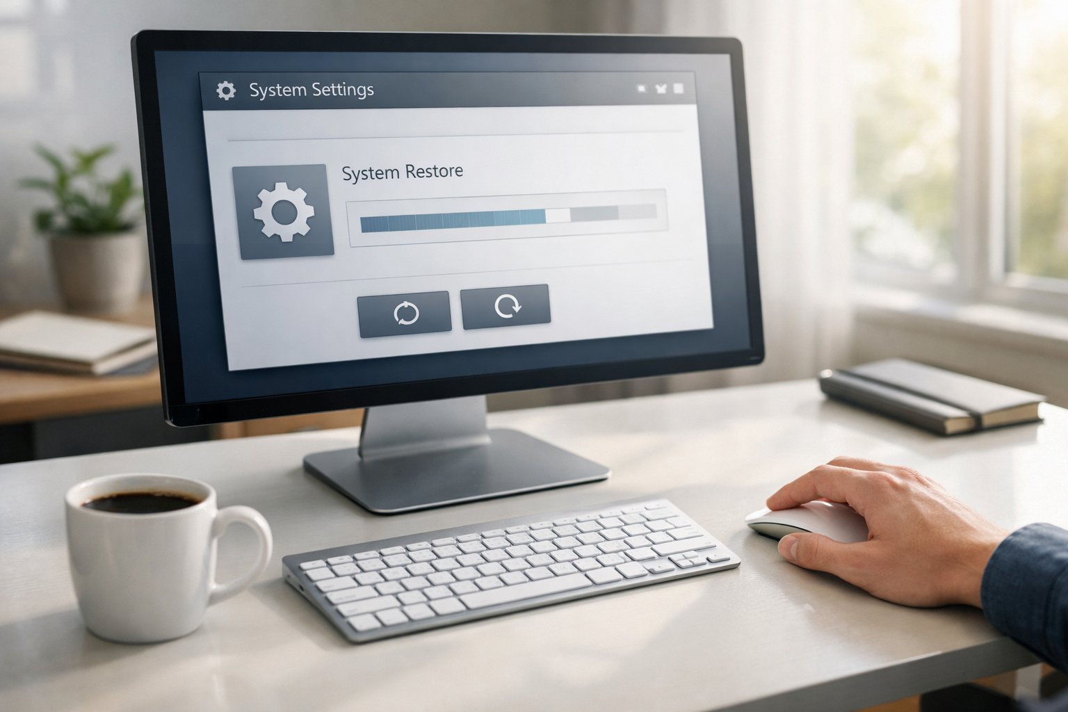 A person setting up a new desktop computer at a clean desk with a monitor showing system settings.