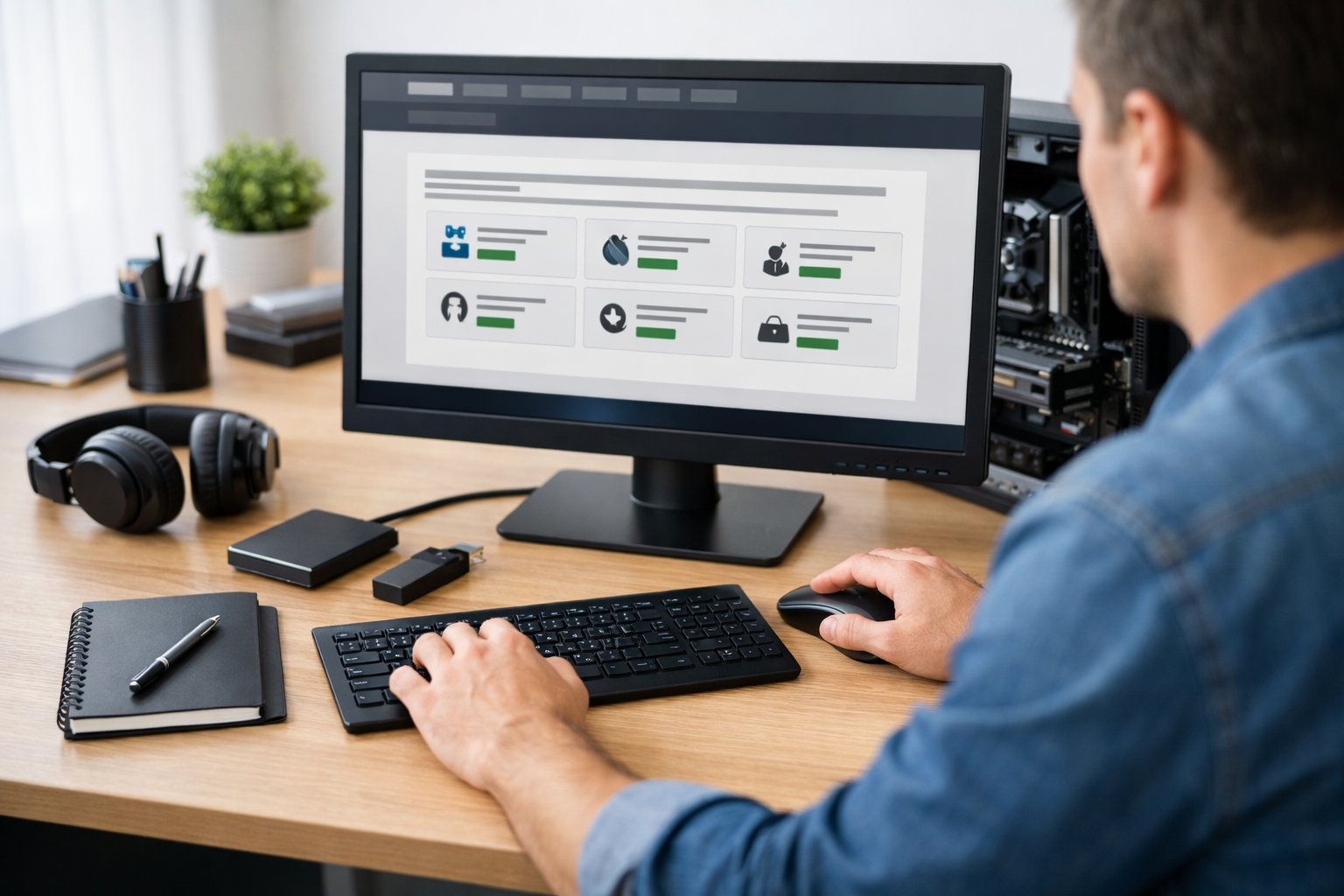 A person setting up a new desktop computer by downloading drivers from the manufacturer's website in a clean, organized workspace.