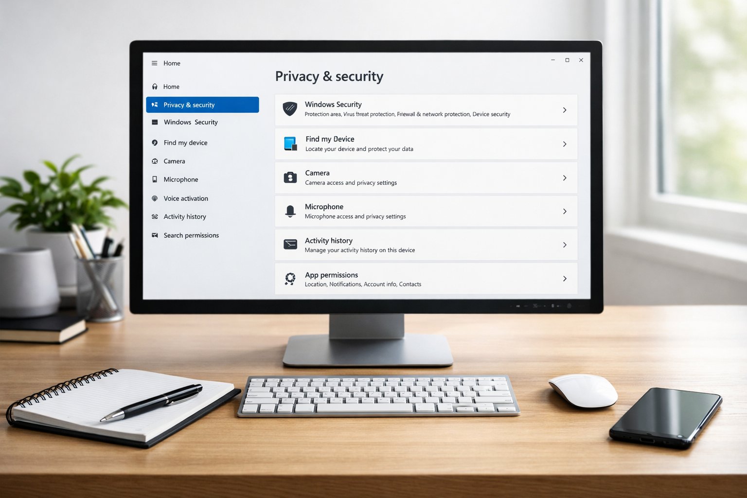 A desktop computer showing Windows privacy and security settings on the screen with office supplies around it on a clean desk.