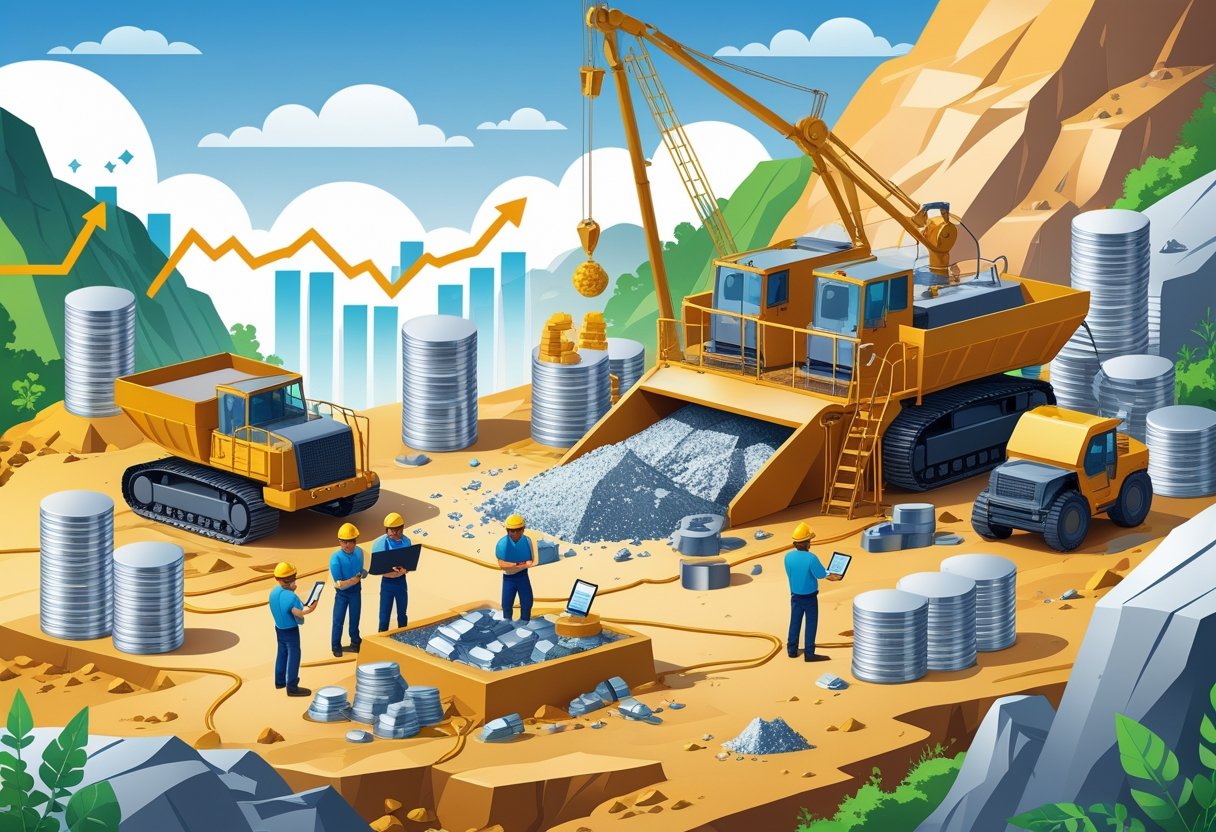 A modern mining site with machinery and workers extracting precious metals, surrounded by graphs and symbols representing supply constraints and market growth.
