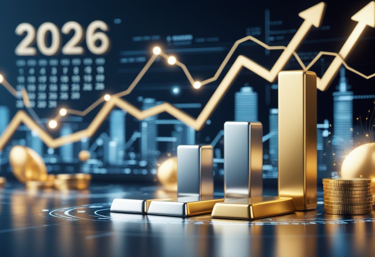 An illustration showing gold, silver, and platinum bars with an upward trending financial chart and a futuristic city skyline in the background, symbolizing growth in precious metals investment for 2026.