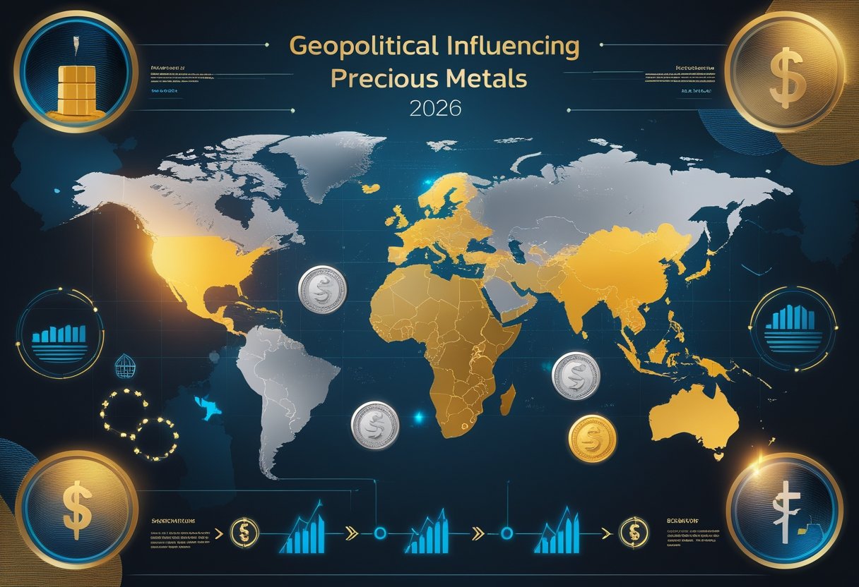 A world map highlighting key geopolitical regions with icons of gold bars and silver coins, surrounded by symbols of diplomacy, trade routes, and economic charts indicating growth.