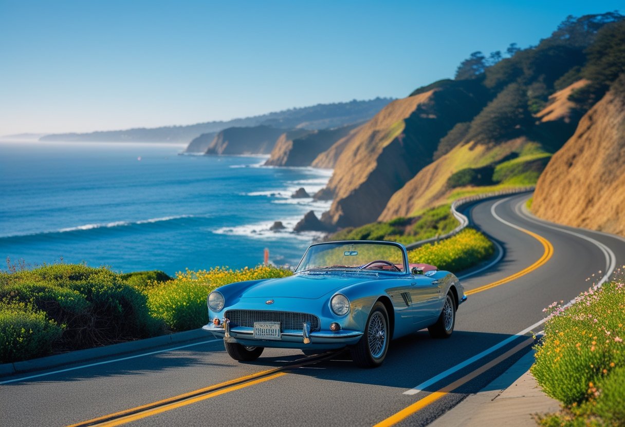 A convertible car parked beside a coastal highway overlooking the ocean and cliffs with a clear sky.