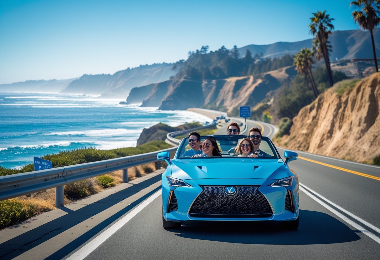 A convertible car with friends driving along a coastal highway beside the ocean with cliffs and palm trees in the background.