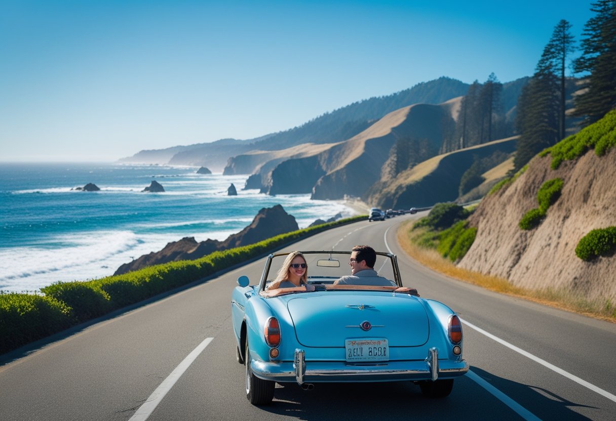 A couple driving a convertible along a winding coastal highway with cliffs, ocean waves, and mountains in the background.