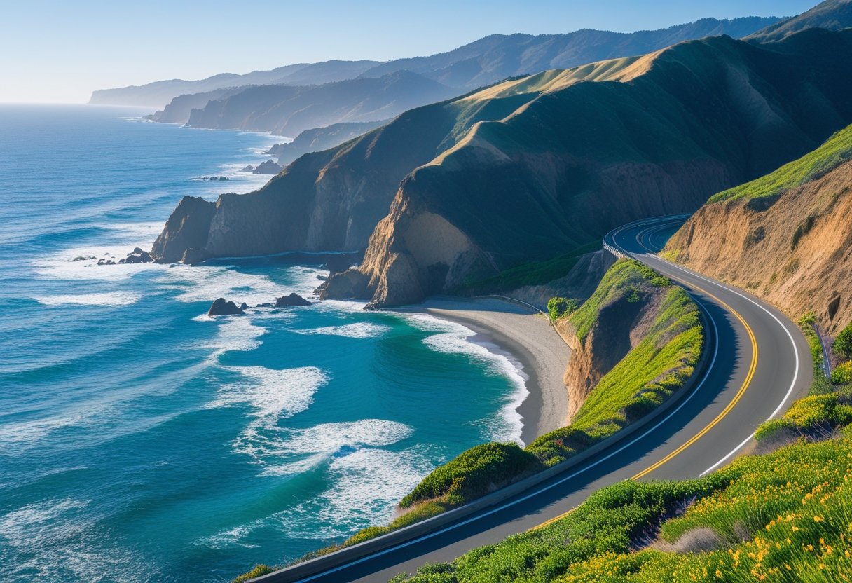 A coastal highway winding along cliffs beside the blue Pacific Ocean with a car driving on the road under a clear sky.