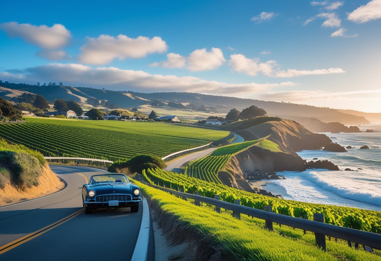 A coastal road winding along cliffs beside a vineyard with the ocean in the background under a blue sky.