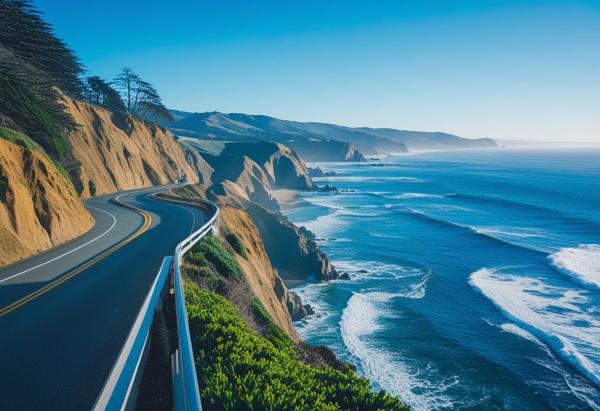 A winding coastal highway along cliffs overlooking the Pacific Ocean with green vegetation and rocky shorelines.
