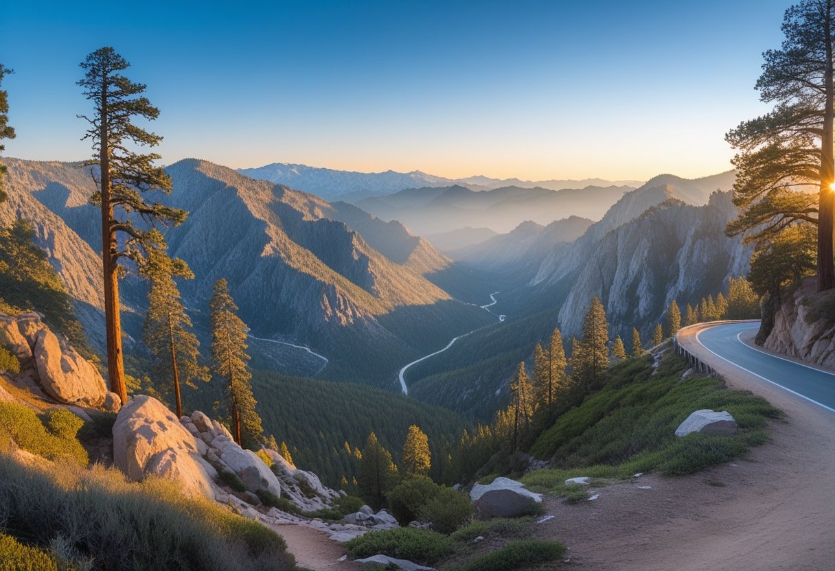 Panoramic view of a California mountain range with pine trees, a winding road, and hikers on a trail under a clear sky.