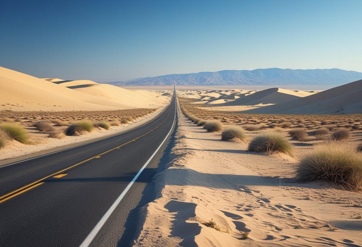 A long empty highway runs through a California desert with sand dunes and distant mountains under a clear blue sky.