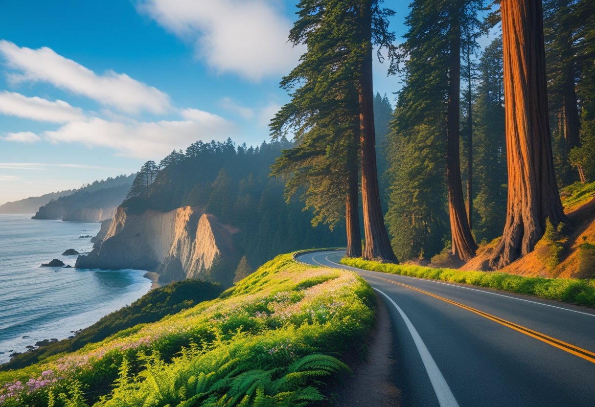 A winding coastal road surrounded by tall redwood trees and green forest with cliffs overlooking the ocean.