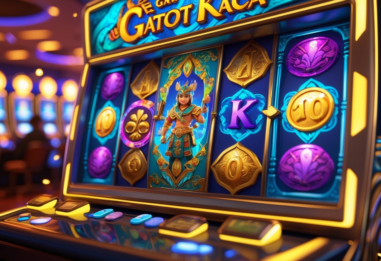 Mesin slot bertema Gate of Gatot Kaca dengan simbol pahlawan, gerbang mistis, dan koin emas di dalam suasana kasino yang ramai.