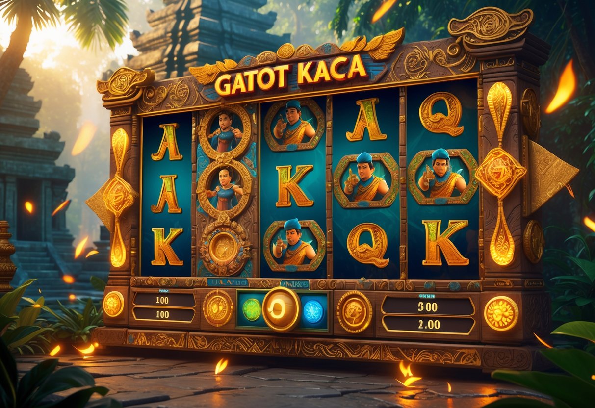Mesin slot bertema Gatot Kaca dengan latar belakang kuil kuno dan hutan lebat.
