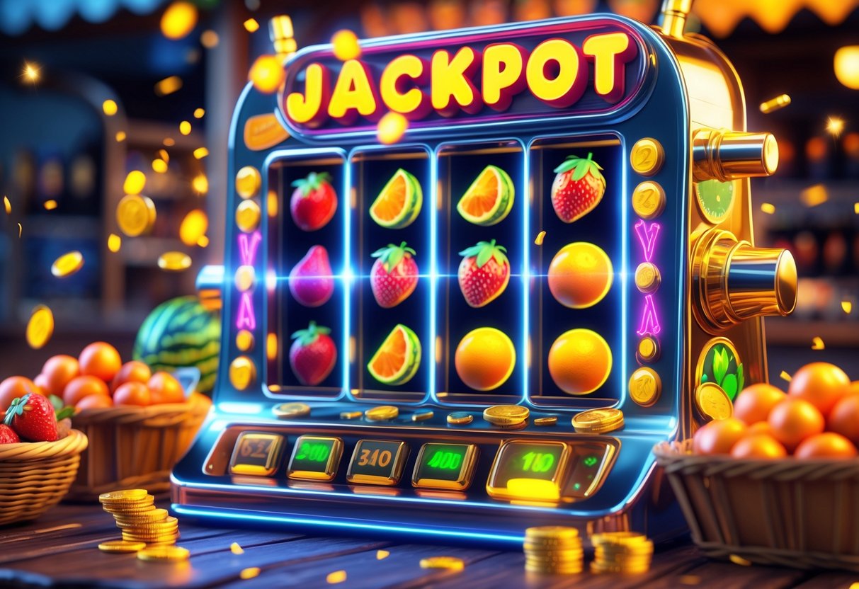 Mesin slot dengan buah-buahan segar dan koin berjatuhan di pasar yang meriah.