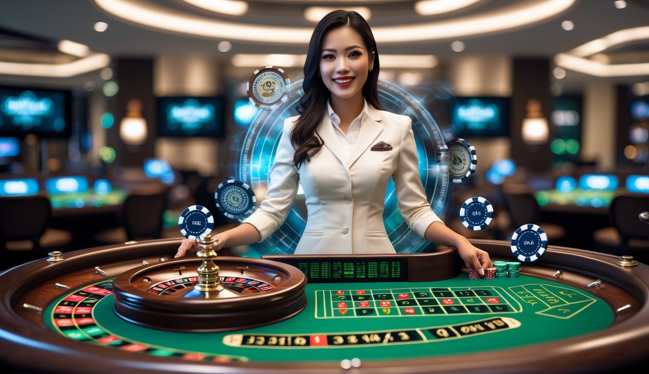 Seorang dealer wanita profesional berdiri di belakang meja roulette dengan roda roulette yang sedang berputar dalam suasana kasino online yang modern dan elegan.