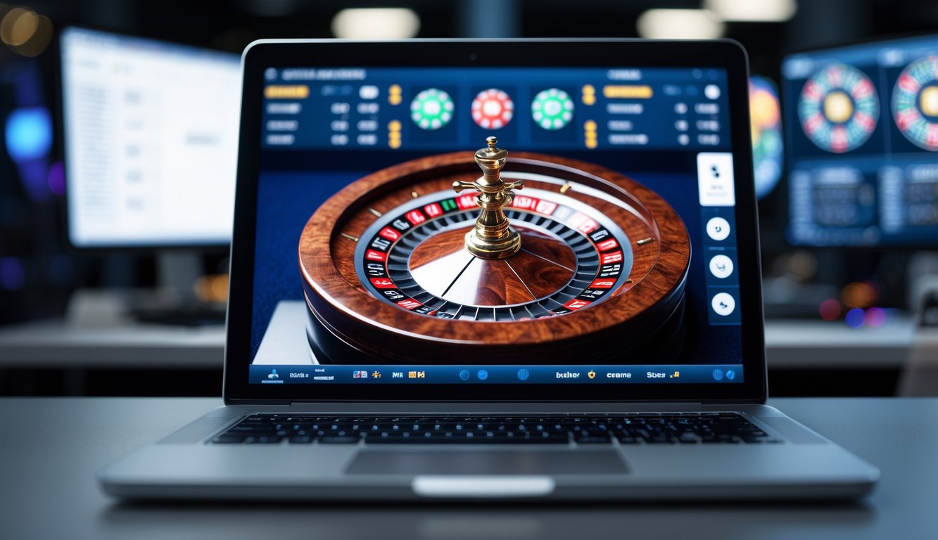 Sebuah layar komputer menampilkan permainan roulette online dengan latar belakang ruang kerja yang modern dan terang.
