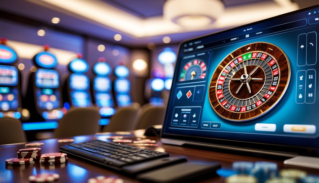 Sebuah meja judi roulette online dengan roda roulette digital di layar komputer dalam suasana kasino yang mewah dan tenang.