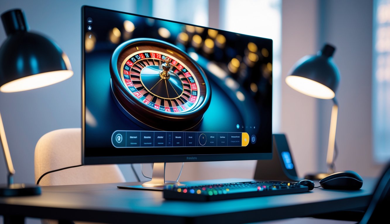Sebuah meja dengan layar komputer menampilkan permainan roulette online terbaru di lingkungan gaming yang modern dan rapi.
