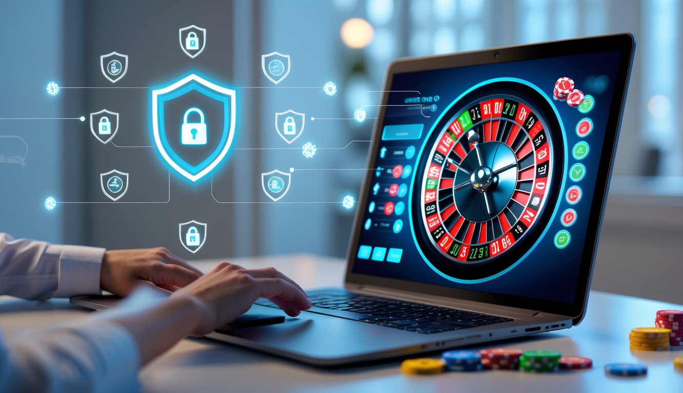 Sebuah komputer menampilkan roda roulette digital dengan chip taruhan dan simbol keamanan di sekitarnya.