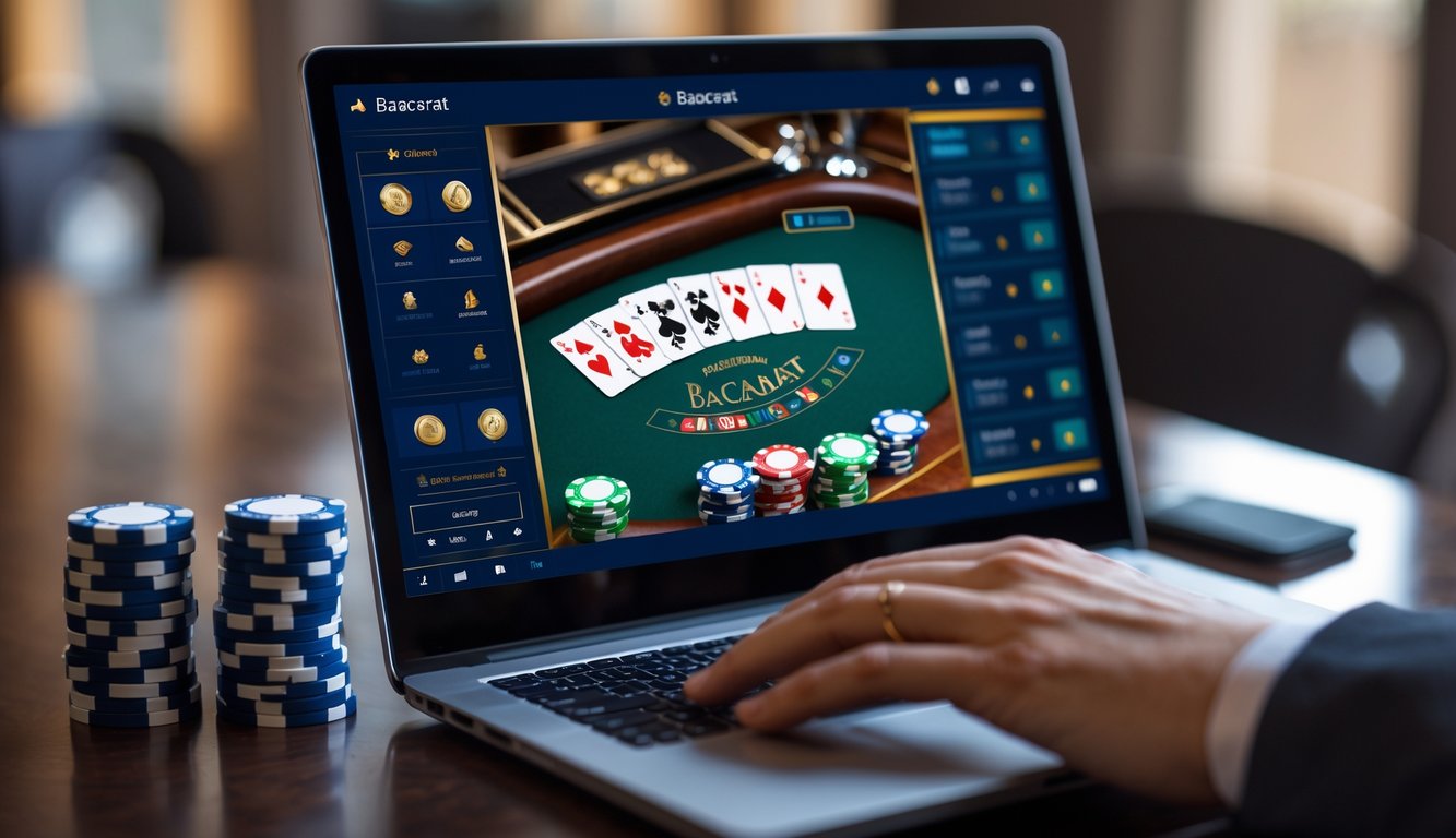 Seseorang menggunakan laptop dengan tampilan permainan baccarat online yang jelas dan rapi, menunjukkan suasana permainan yang terpercaya dan adil.