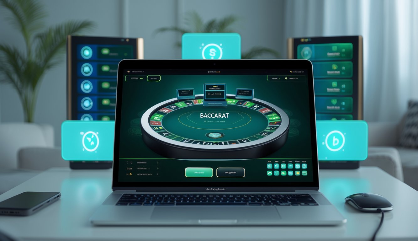 Seorang pemain menggunakan komputer dengan tampilan permainan baccarat online di layar dalam ruangan yang rapi dan terang.