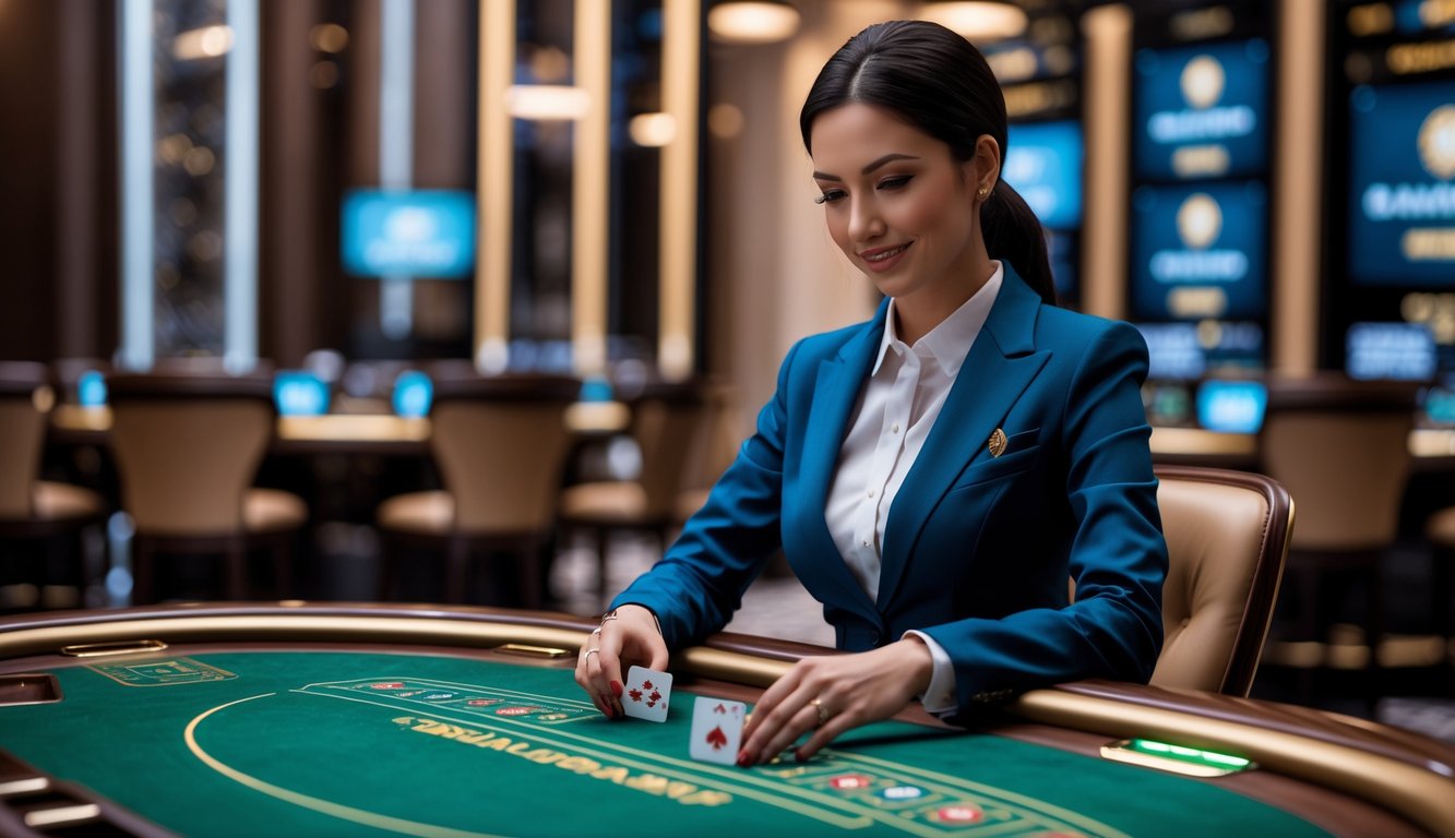 Seorang dealer profesional wanita duduk di meja baccarat dengan latar belakang kasino modern.