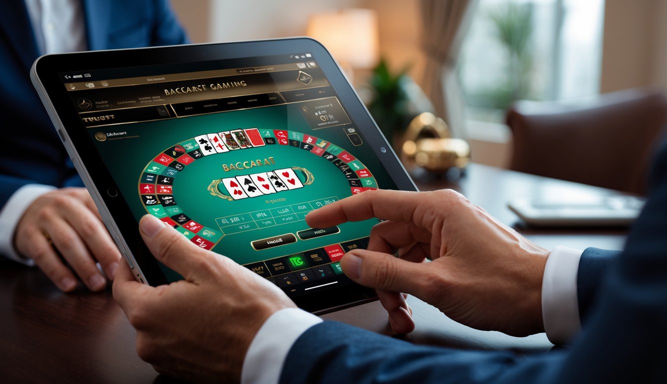 Seseorang bermain permainan baccarat online dengan layar digital yang jelas dan modern di lingkungan rumah atau kantor yang nyaman.