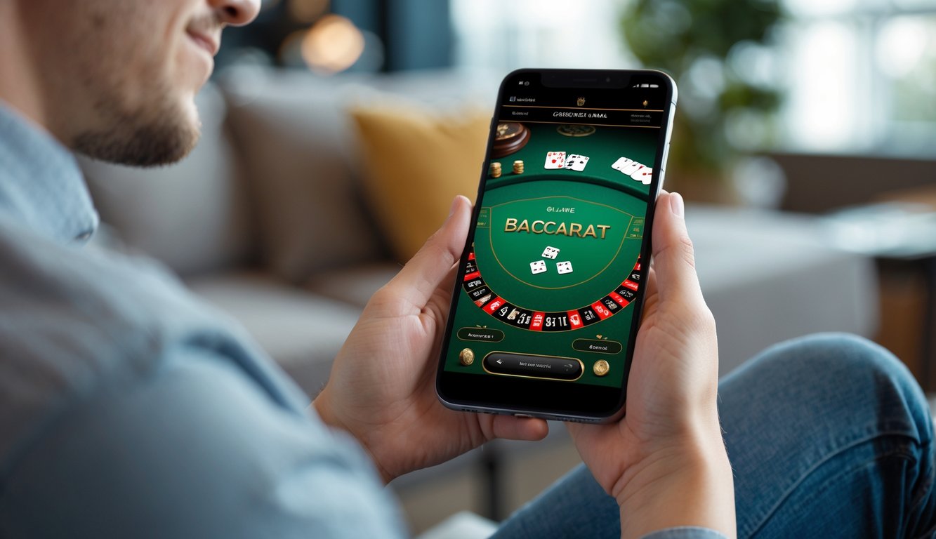 Seseorang memegang ponsel yang menampilkan permainan baccarat online dengan latar belakang ruangan yang nyaman.