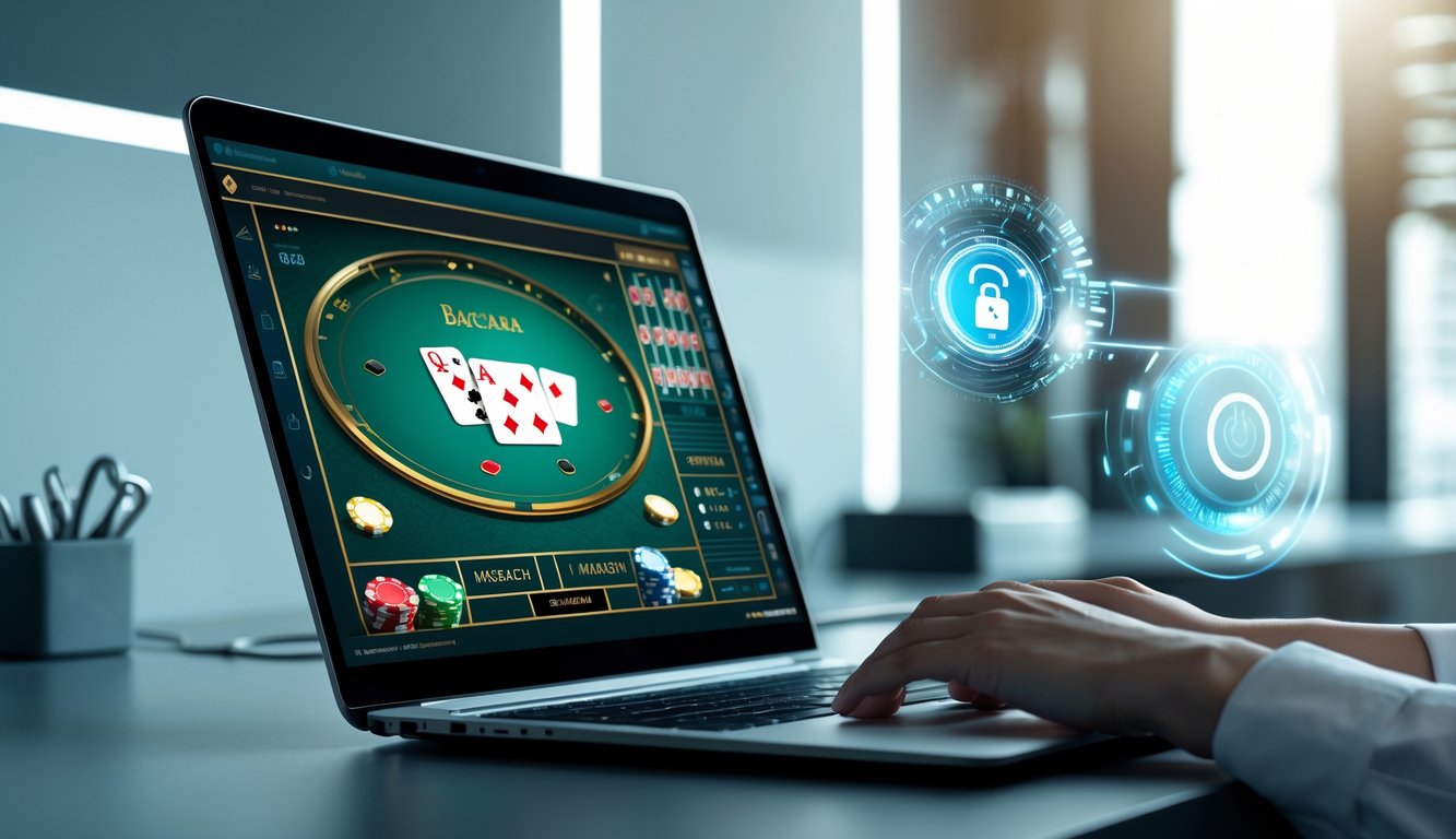 Seorang laptop modern menampilkan permainan baccarat online dengan simbol keamanan digital di latar belakang ruang kerja minimalis.