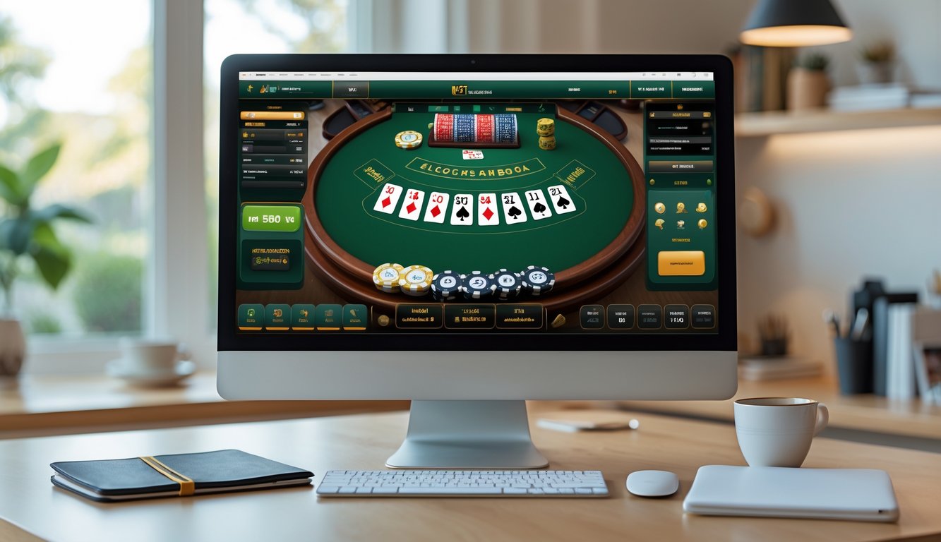 Tampilan antarmuka permainan blackjack online di layar komputer di ruang kerja dengan pencahayaan alami.