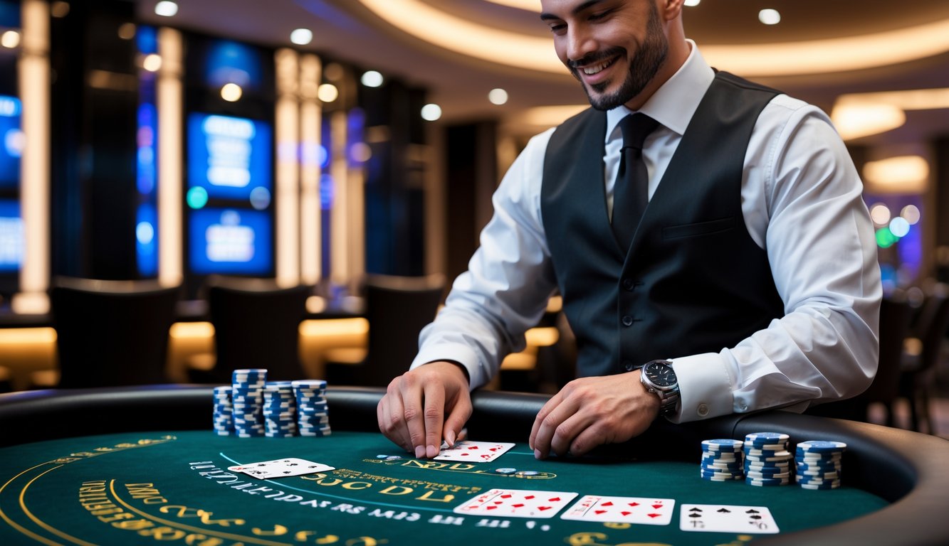 Seorang dealer profesional sedang membagikan kartu di meja blackjack dengan suasana kasino yang mewah dan modern.