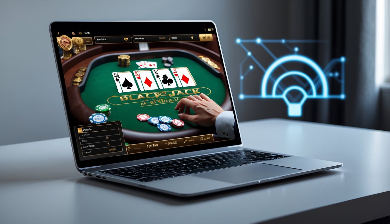 Seorang pengguna sedang bermain blackjack online di laptop dengan tampilan permainan yang jelas dan lingkungan yang rapi.