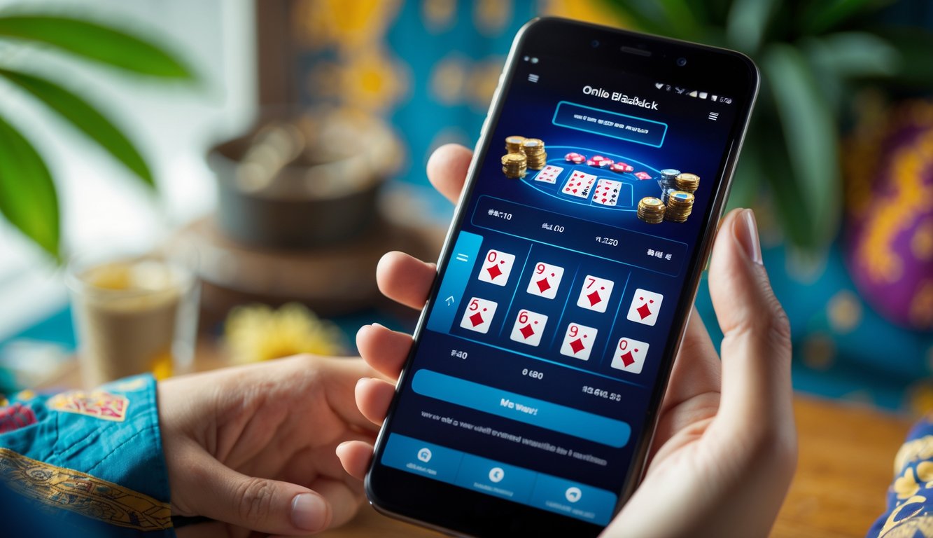 Seseorang memegang ponsel yang menampilkan permainan blackjack online dengan latar belakang yang nyaman dan elemen budaya Indonesia.