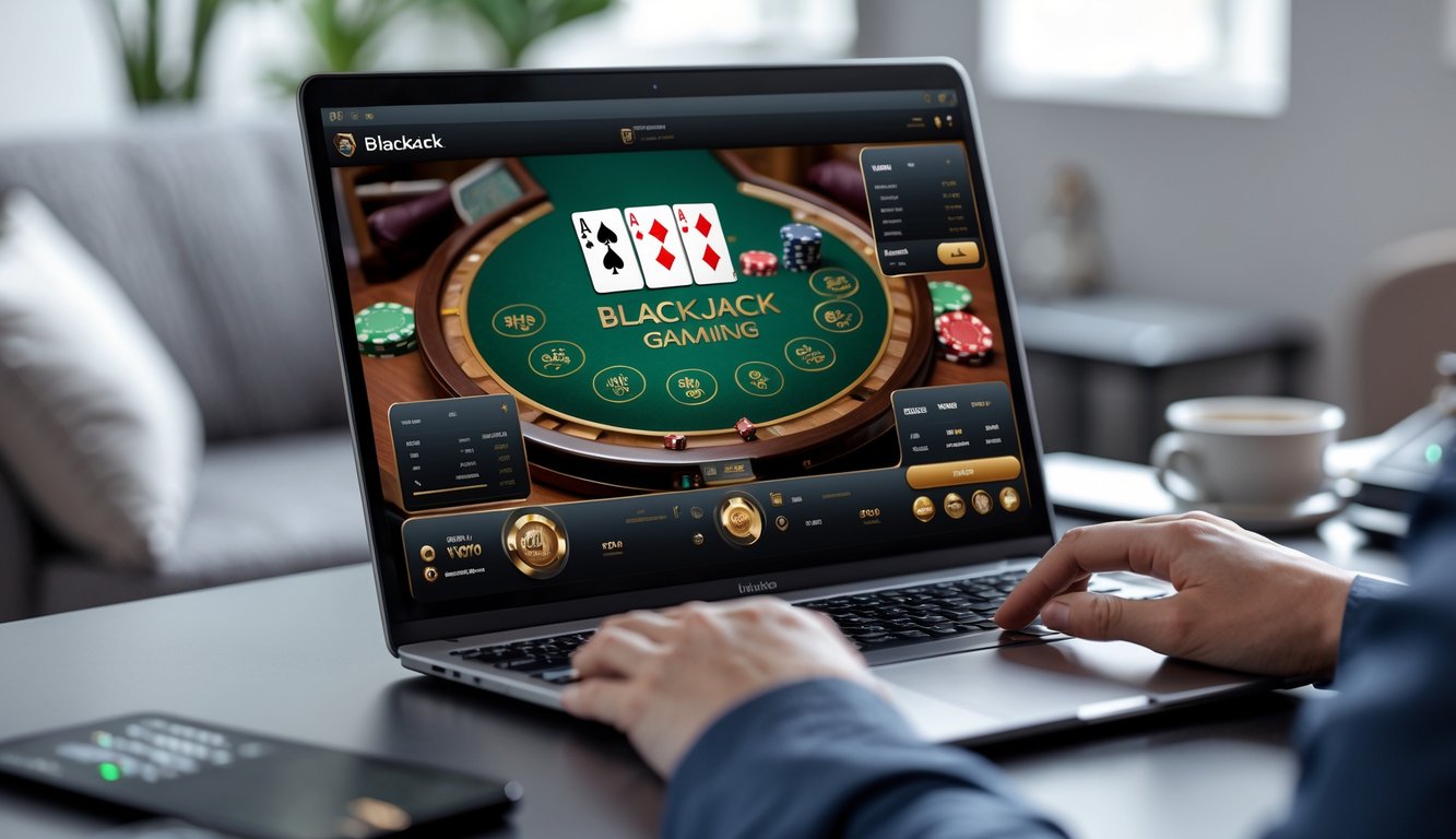 Seseorang menggunakan komputer dengan permainan blackjack online yang sedang streaming langsung.