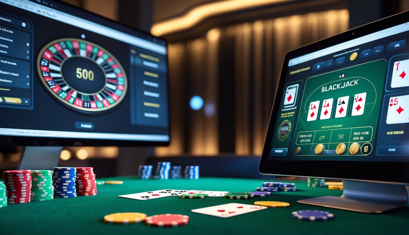 Sebuah meja blackjack online modern dengan kartu dan chip taruhan yang terlihat jelas di layar komputer.