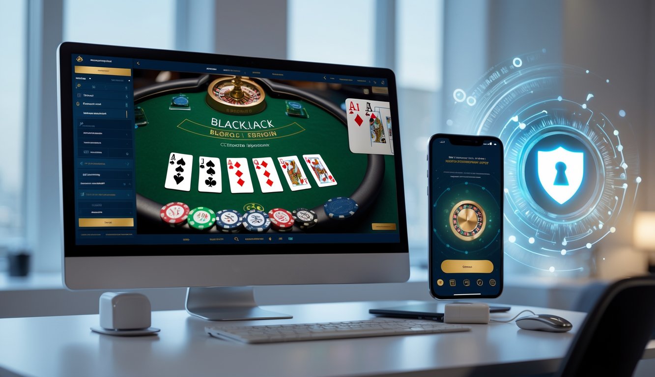 Seorang pengguna bermain blackjack online di komputer dan ponsel dengan latar belakang yang menunjukkan simbol keamanan digital.