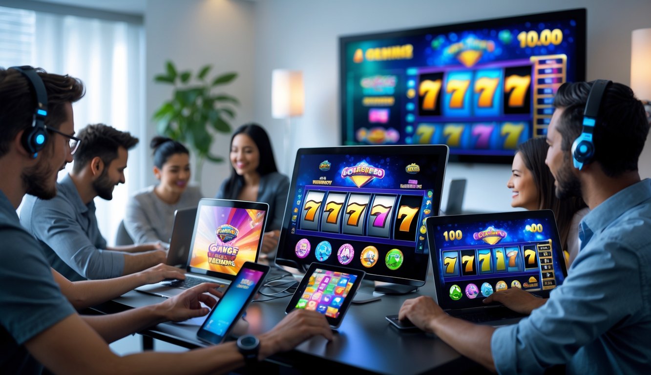 Beberapa orang menggunakan perangkat digital menampilkan permainan slot online di ruangan yang terang dan modern.