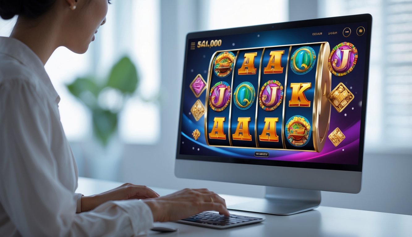 Seseorang menggunakan komputer dengan tampilan permainan slot online yang stabil dan modern di layar.