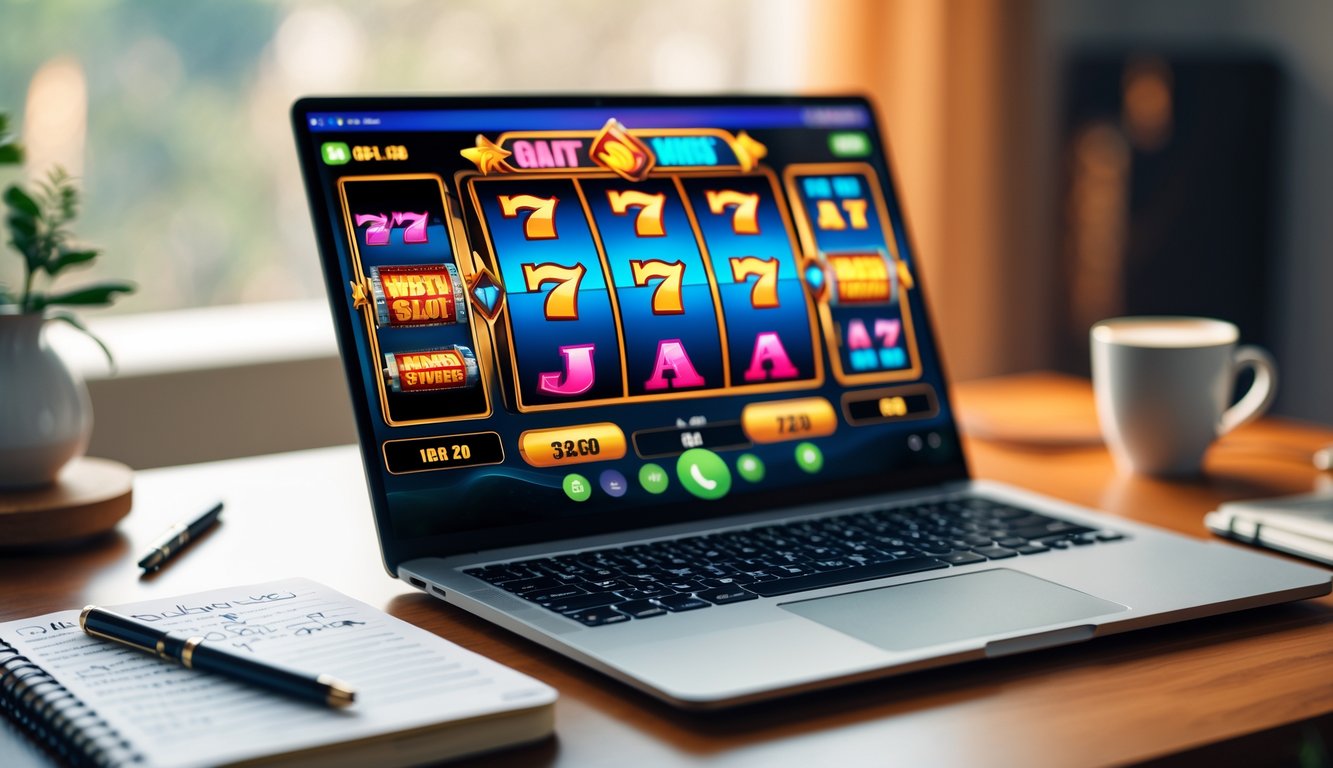 Sebuah meja kerja dengan komputer yang menampilkan permainan slot online dan buku catatan terbuka di sampingnya.
