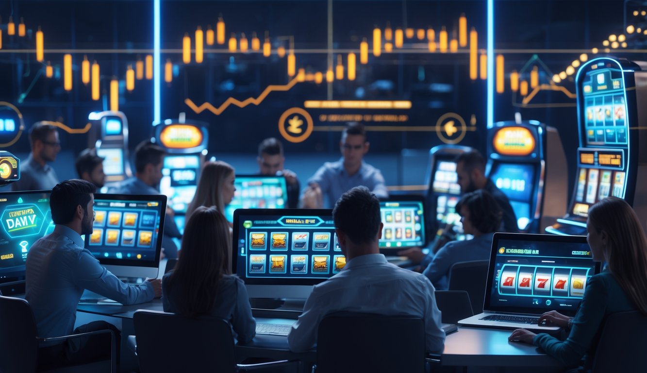 Orang-orang menggunakan perangkat digital untuk bermain mesin slot online di ruang modern yang terang.