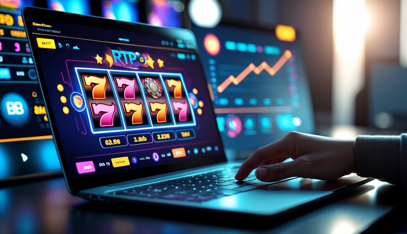 Seorang pengguna komputer dengan layar menampilkan permainan slot online dan grafik data RTP di latar belakang.