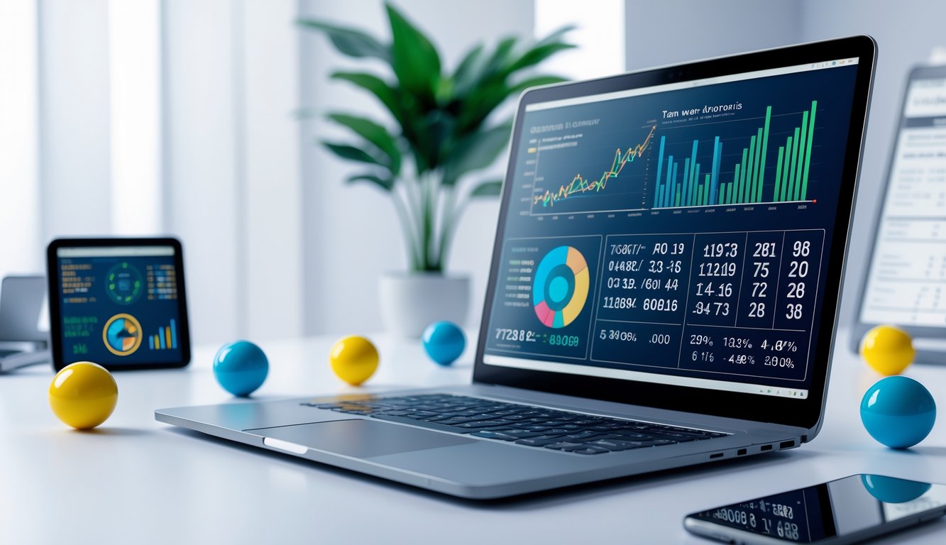 Seorang pria menggunakan laptop dengan grafik data dan bola lotere di meja, menunjukkan layanan togel online terpercaya dengan data keluaran lengkap.