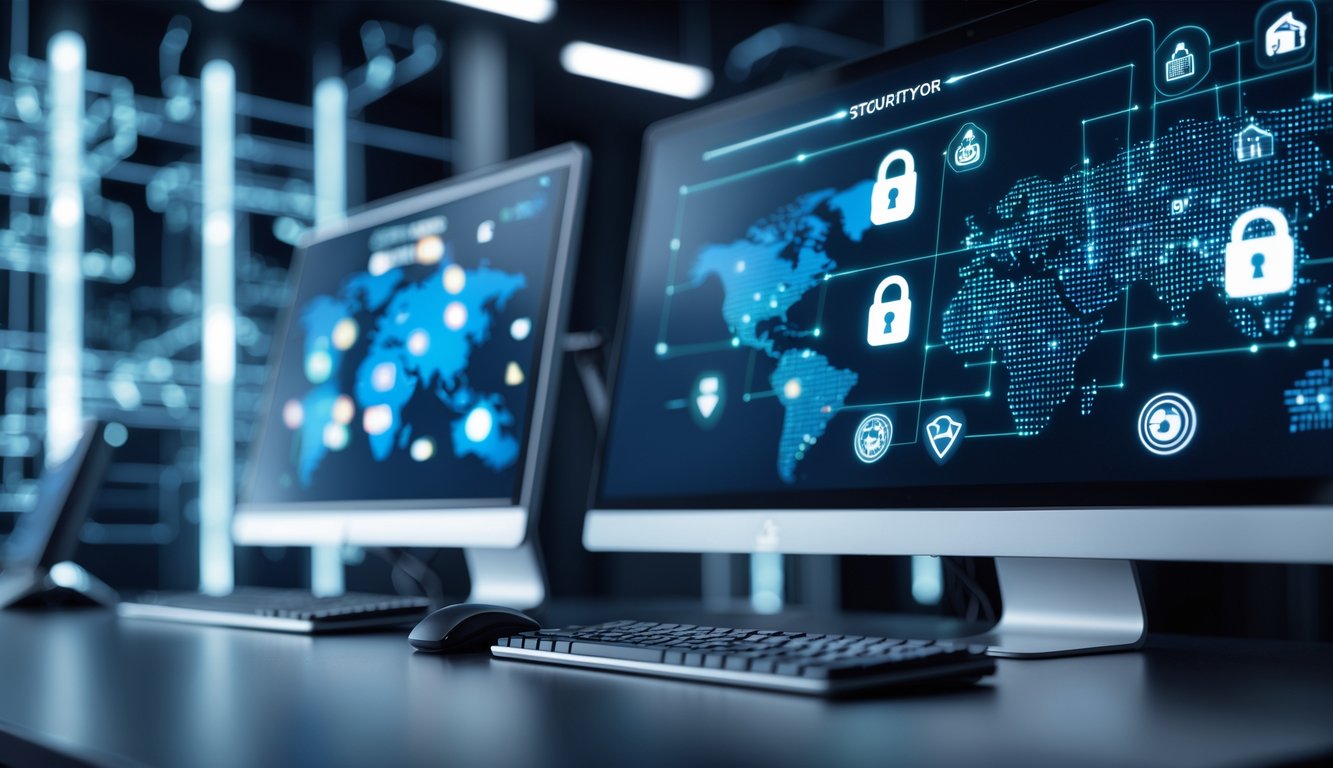 Sebuah workstation komputer modern dengan layar menampilkan elemen keamanan digital di latar belakang kota futuristik yang menunjukkan teknologi dan keamanan online.