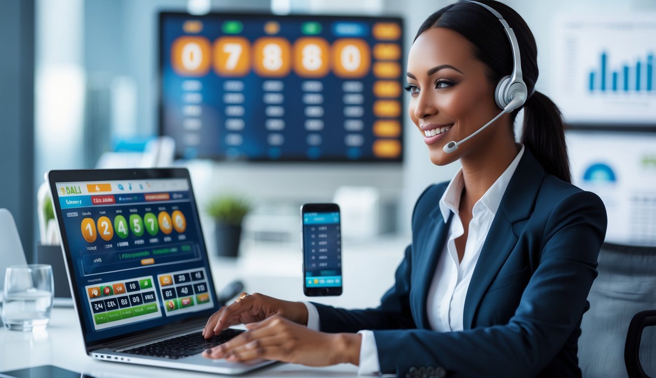 Seorang perwakilan layanan pelanggan profesional sedang membantu klien di depan laptop dengan antarmuka digital terkait togel online.