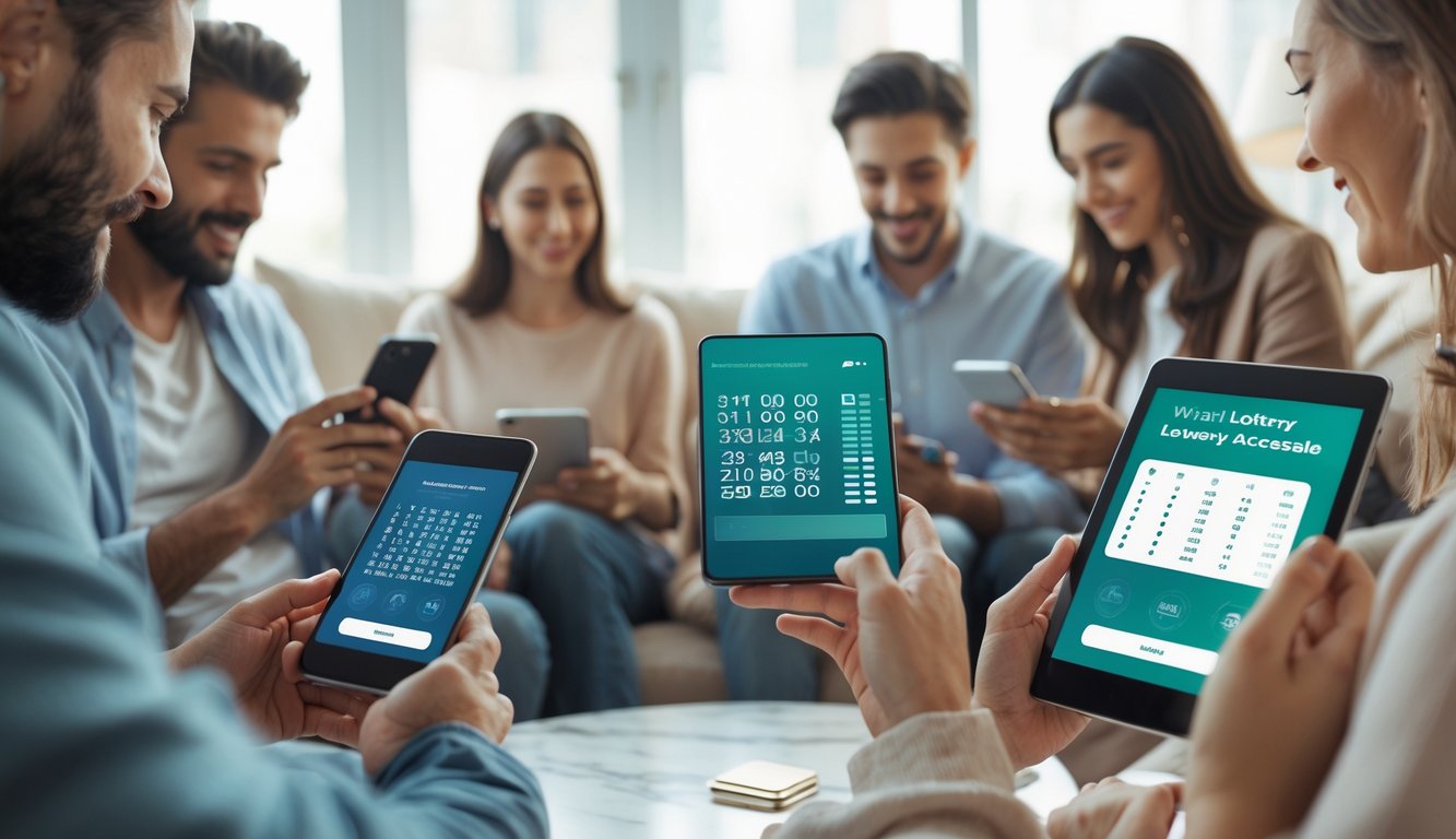 Orang-orang menggunakan ponsel dan tablet untuk mengakses platform lotere online di ruang yang nyaman.