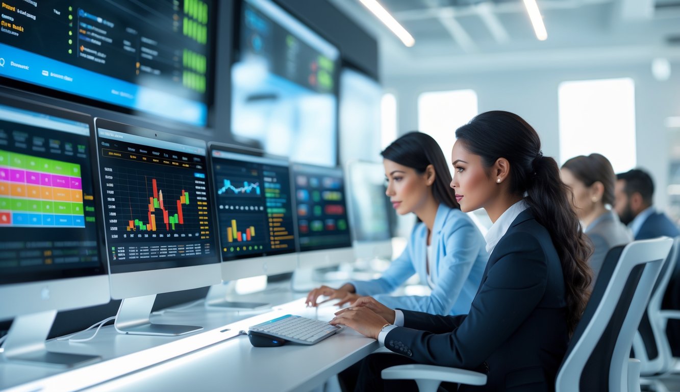 Orang-orang profesional sedang bekerja dengan komputer yang menampilkan data dan grafik taruhan olahraga di sebuah kantor modern.