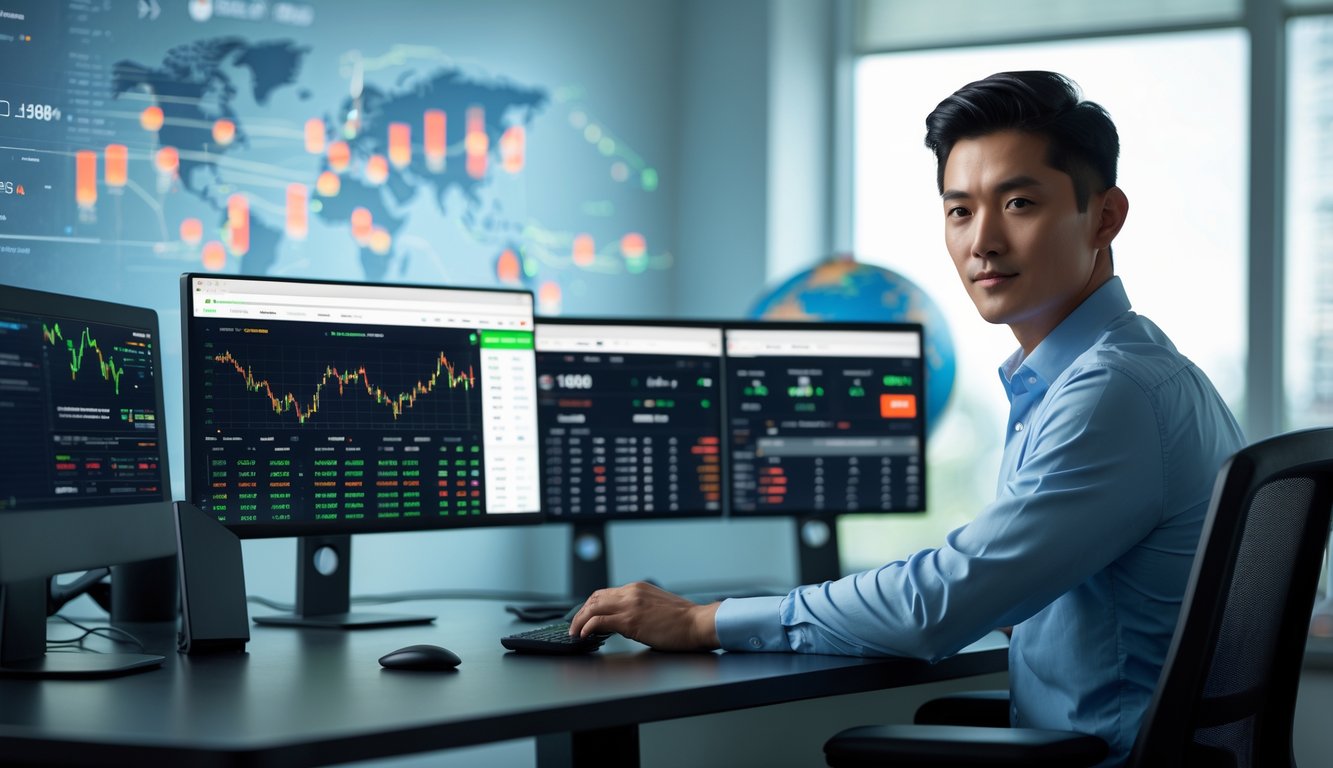 Seorang pria muda Asia Tenggara duduk di meja kerja dengan beberapa monitor komputer menampilkan grafik dan pertandingan olahraga secara langsung.